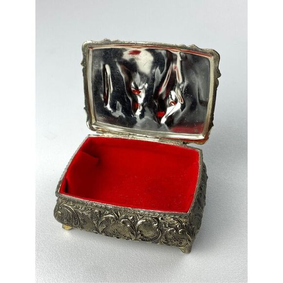 Vintage Ornate Silvertone Metal Footed Velvet Lined Trinket Box Made in Japan DP - Picture 3 of 10